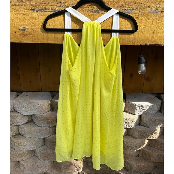 Sz L-Nymphe brand lined yellow dress w/gold dots & white straps - Picture 2 of 5